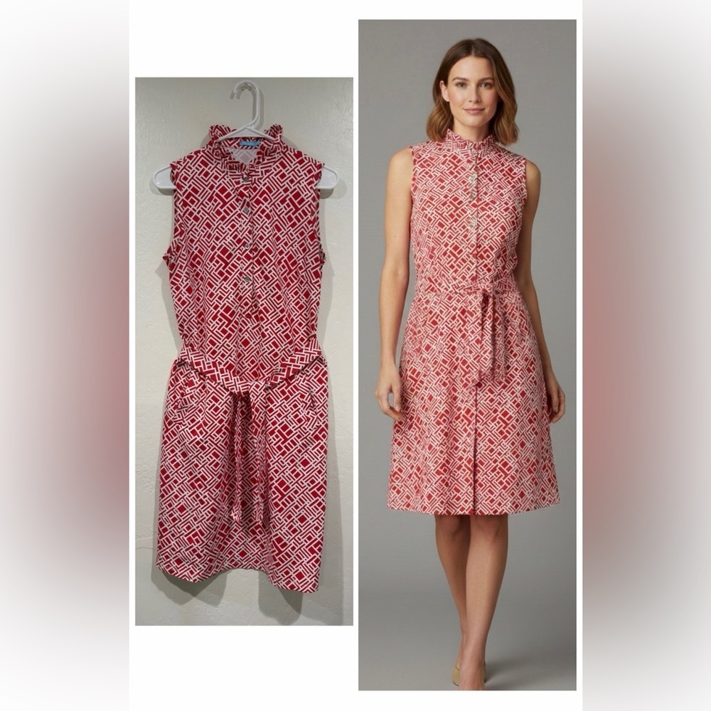 J. McLaughlin Red/Orange White Catalina Geometric Print Sleeveless Dress size M
